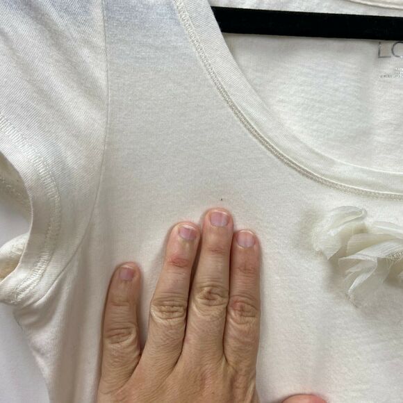 LOFT Small Womens Ivory Sheer Ruffle Flower Detail Short Sleeve Tee - Picture 2 of 6